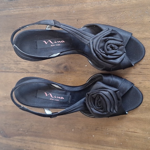 NINA NEW YORK Black Satin Rosette D'orsay Slingback Heels - Size 6M - Picture 5 of 12